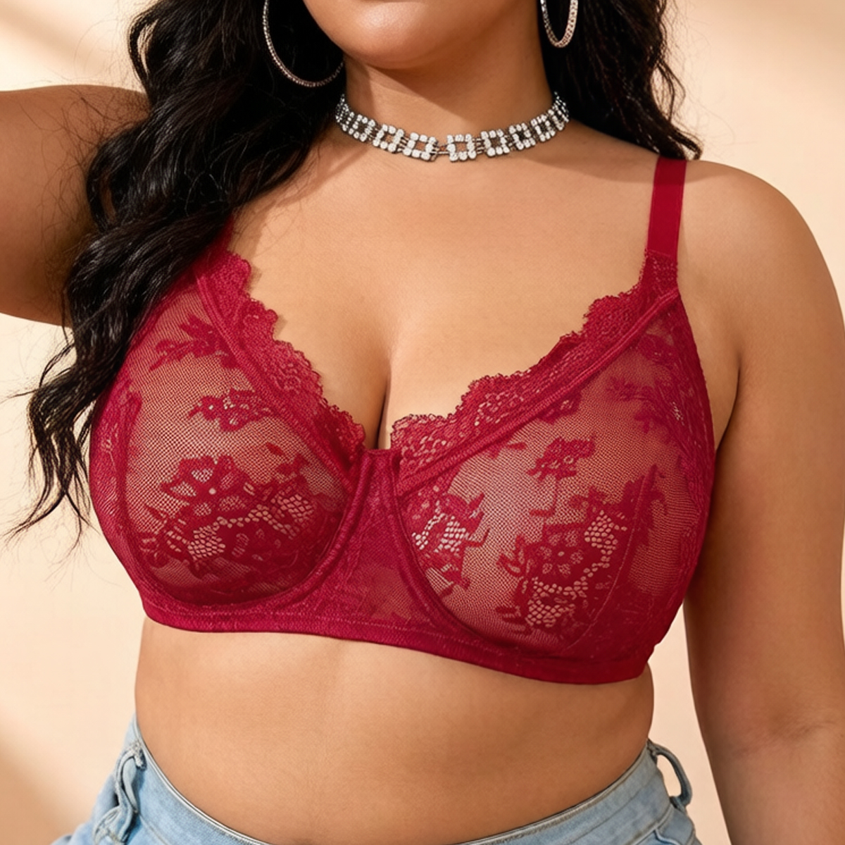 Women Plus Size Red Lace Sheer – обзор и цена Full Coverage Bra