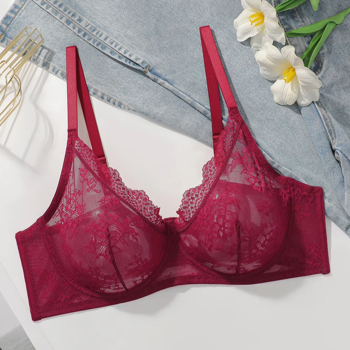 Women Plus Size Red Lace Sheer – обзор и цена Full Coverage Bra